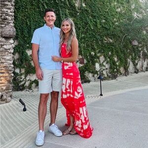 BCBG geranium red strapless gown